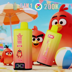Colorful Ad For Bang King Vapen 8-In-1 Vape Devices With Angry Birds-Style Characters On A Sunny Beach