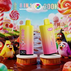 Candy-Themed Ad With Two Yellow-To-Pink Bang King Vape Devices On Pedestals, Surrounded By Cartoon Birds And Lollipops, Labeled 8 In 1 And 200K
