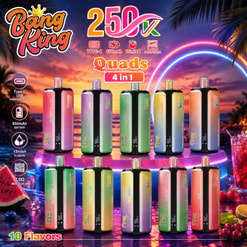 Colorful Bang King 250K Quads Vape Ad Showing 10 Flavors And Multiple Device Colors At Sunset