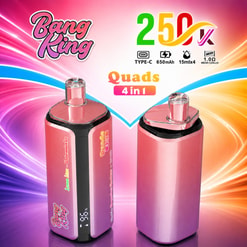 Bang King 25K Vape Ad Showing Two Pink Devices With Colorful Specs And “Quads 4 In 1” Text