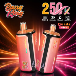 Bang Ring 250K Vape Ad Showing Two Pink-And-Black Devices With Neon Streaks And Feature Icons