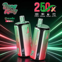 Promotional Graphic For Bang King 250K Vaping Device, Showing Two Vape Units With Neon Green And Pink Accents And Feature Icons