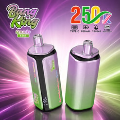 Bang King Quads 4-In-1 Vape Advertisement With Two Purple-Green Devices And Product Specs Text On A Colorful Background