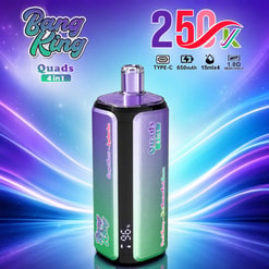 Promotional Graphic Of A Bang King 25K Quads 4-In-1 Vape Device With Feature Icons And A Purple-Blue Background