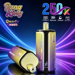 Promotional Graphic For Bang King 250K Quads 4-In-1 Vape, Showing Two Devices And Feature Icons For Type-C, 650Mah, 15Ml, And Mesh Coil