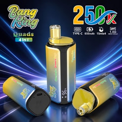 Promotional Graphic For Bang Ring Quads 4-In-1 Vape Device, Showing Three Colorful Units And Feature Icons Like Type-C, 650Mah, And 15Ml X4