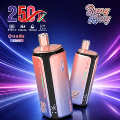 Promotional Graphic For Bang King 250K Quad 4-In-1 Vape Devices With Neon Blue-Purple Background And Two Pens