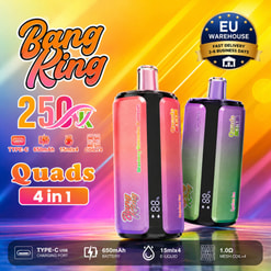 Bang King 250K 4-In-1 Vape Ad Showing Two Colorful Disposable Devices And Feature Icons On A Bright Gradient Background