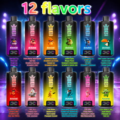 Colorful Ad Showing 12 Bang King Twins 8-In-1 Vape Flavors In Bright Rainbow Bottles With Flavor Lists Underneath
