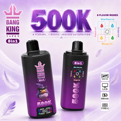 Bang King Vapen 8-In-1 Vape Ad With Two Purple 500K Devices And Flavor Mode Diagram On A Light Lavender Background