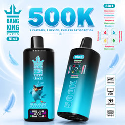 Promotional Graphic For Bang King 8In1 Vape Devices With 500K Text, Flavor List, And Feature Icons