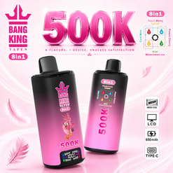Pink Bang King Vapen 8-In-1 500K Vape Device Ad With Two Black-And-Pink Vapes And Feature Icons On A White-Pink Background