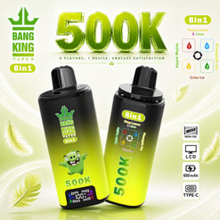 Bang King Vapen 8-In-1 Vape Ad With Two Black-And-Neon Green Devices And Flavor And Feature Icons