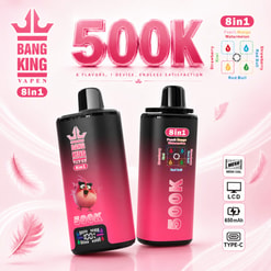 Pink Bang King 8-In-1 Vape Ad With Two Black Disposable Devices And Feature Icons