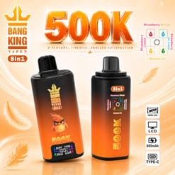 Promotional Graphic For Bang King Vapen 8-In-1 500K Vape With Two Orange-And-Black Devices And Feature Icons