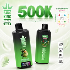 Bang King Vapen 8-In-1 Vape Ad With Two Green 500K Devices And Flavor Mode Icons