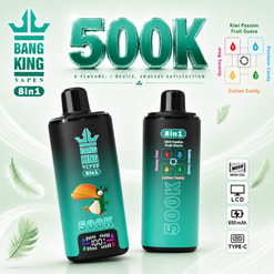 Bang King Vapen 8In1 500K Vape Ad With Two Teal-And-Black Devices And Flavor Icons, Features And Specs