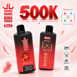 Promotional Graphic For Bang King Vape N 8-In-1 500K Disposable Vape With Two Red-And-Black Devices And Flavor Icons