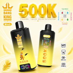 Promotional Graphic For Bang King 8-In-1 Vape With Two Black-And-Yellow Devices And A 500K Claim