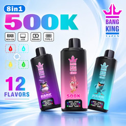 Promotional Graphic For Bang King Vapen 8-In-1 500K Vape With 12 Flavors, Features Icons, And Three Colorful Devices With Lcd Displays