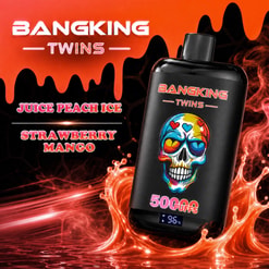 Promotional Graphic For Bangking Twins Vape, Showing A Black Device And Flavors Juice Peach Ice, Strawberry, And Mango