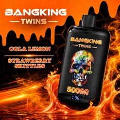 Black Bangking Twins Vape With Skull Graphic And 5000 Puffs, On An Orange Fiery Promo Background With Cola Lemon And Strawberry Skittles Text