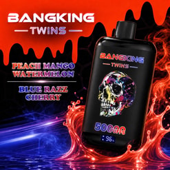 Promotional Image Of A Bangking Twins Vape With Skull Graphic, Listing Peach Mango Watermelon And Blue Razz Cherry Flavors