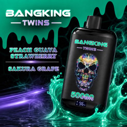 Bangking Twins Vape Ad With A Black Device, Colorful Skull Graphic, And Flavors Listed: Peach Guava Strawberry And Sakura Grape