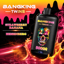 Promotional Graphic For Bangking Twins Vape With Strawberry Banana And Heisenberg Flavors, Showing A Black Device With A Colorful Skull Label