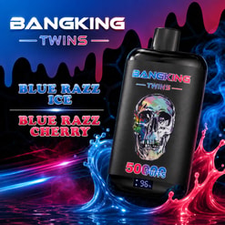 Bangking Twins Vape Ad With Blue Razz Ice And Blue Razz Cherry Flavors, Skull Graphic, And 5000 Puffs