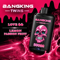 Pink Bangking Twins Vape Ad With A Black Device, Skull Graphic, And Lemon Passion Fruit Flavor Text
