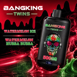 Bangking Twins Watermelon Ice And Watermelon Hubba Bubba Vape Device With Skull Graphic On A Red And Black Background