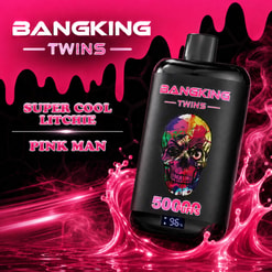 Pink Bangking Twins Vape Ad With A Black Device, Colorful Skull Graphic, And Text Reading Super Cool Litchi, Pink Man, And 50000 Puffs