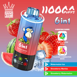 Promotional Image Of A Bang Leader 6-In-1 Vape With Strawberries, Watermelon, And Ice, Showing 11000 Puffs And Flavor Modes