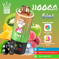 Bang Leader 6In1 Vape With Fruit Flavors, 110000 Puffs, And Adjustable Flavor Modes Displayed On A Green Background