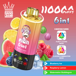 Bang Leader 6In1 Vape Ad With Mixed Fruit Flavors, “11000 Puffs,” And Adjustable Flavor Modes Displayed