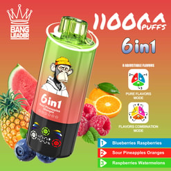 Promotional Graphic For A Bang Leader 6-In-1 Vape, Showing 11000 Puffs, Adjustable Flavors, And Assorted Fruits