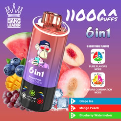 Promotional Graphic For A Bang Leader 6In1 Vape, Surrounded By Fruit Flavors And Flavor-Mode Icons