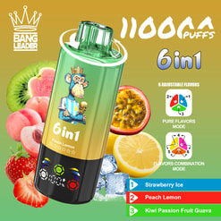 Promo Graphic For A Bang Leader 6-In-1 Vape With 11,000 Puffs And Fruit Flavors Like Strawberry Ice And Peach Lemon