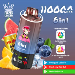 Promotional Graphic For A Bang Leader 11000 Puffs Vape With Fruit Flavor Options And A Large Vape Device Shown