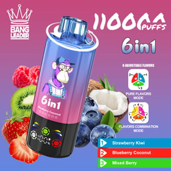 Colorful Ad For A Bang Leader 110000-Puff Vape, Showing A 6-In-1 Device With Fruit Flavor Options And Graphics