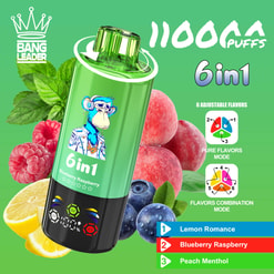 Green Bang Leader Vape Ad Showing A 6-In-1 Device With Fruit Flavors And 110000 Puffs