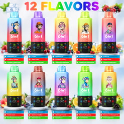 Rainbow Ad For 12 Vape Flavors With 10 Colorful Bottles And Cartoon Ape Labels, Surrounded By Fruit And Ice