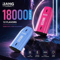 Promotional Graphic For Bang Leader 18K Vape Devices, Showing Two Colorful Disposables And Text Advertising 18,000 Puffs, 12 Flavors, And Fast Charging