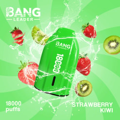 Green Bang Leader Vape Ad With Strawberries, Kiwi, And Water Splashes, Labeled 18000 Puffs And Strawberry Kiwi