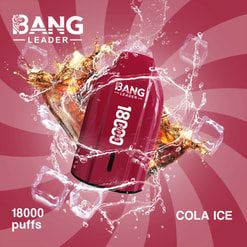 Bang Leader 18000 Puffs Cola Ice Vape With Cola Splash And Ice Cubes On A Pink Background