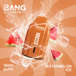 Orange Bang Leader 18000 Puffs Watermelon Ice Vape With Watermelon Slices And Splashing Water On An Orange Background