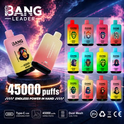 Promotional Graphic For Bang Leader Vape Devices Showing Colorful 45,000-Puff Disposable Vapes And Feature Icons