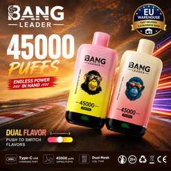 Bang Leader 45K-Puff Dual-Flavor Vape Ad With Two Colorful Devices And Feature Badges On A Racetrack Background