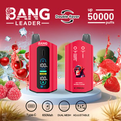 Anzeige für das BANG LEADER Double-Flavor Vape-Gerät mit Kirschen, Erdbeeren, Himbeeren und dem Hinweis auf 50.000 Züge